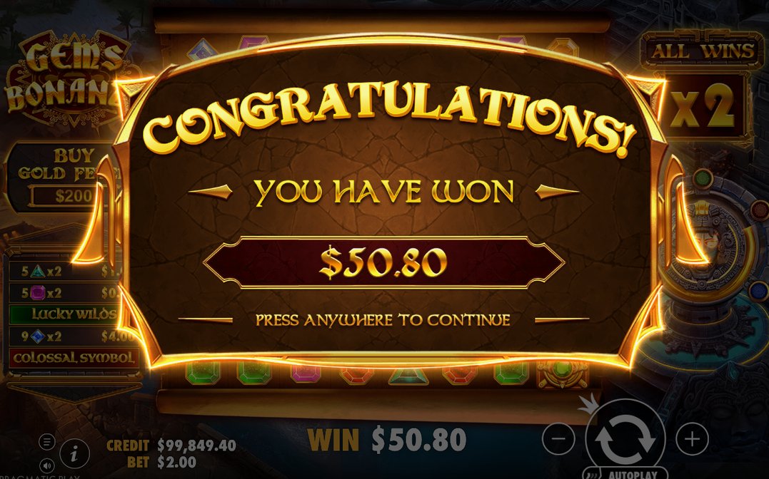 Win screen after a cluster of matching symbols