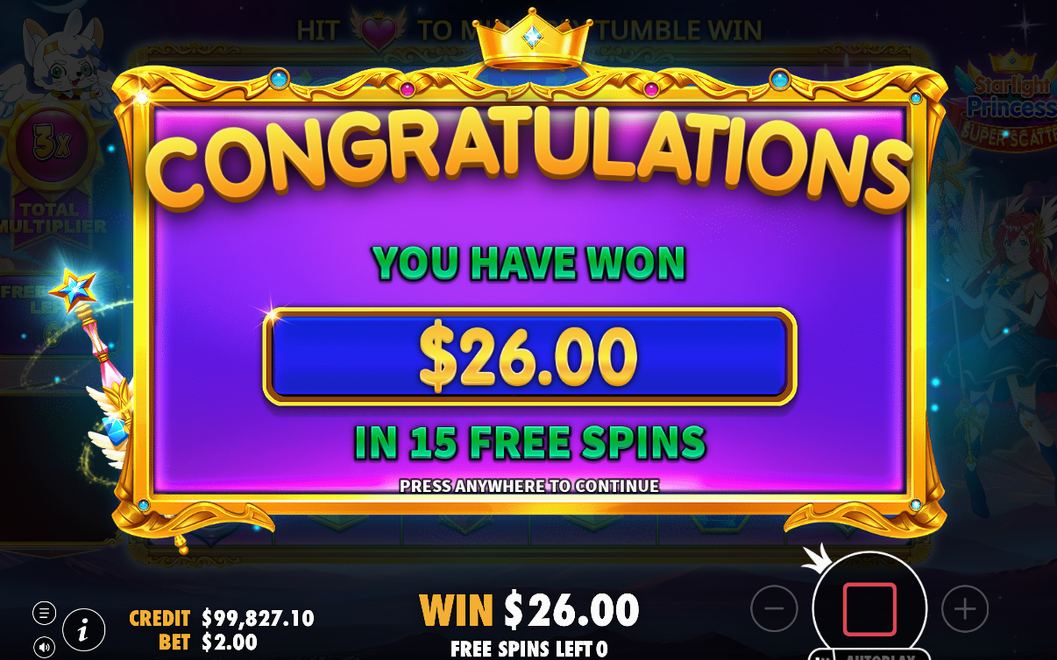 Win total shown after a full tumble sequence ends